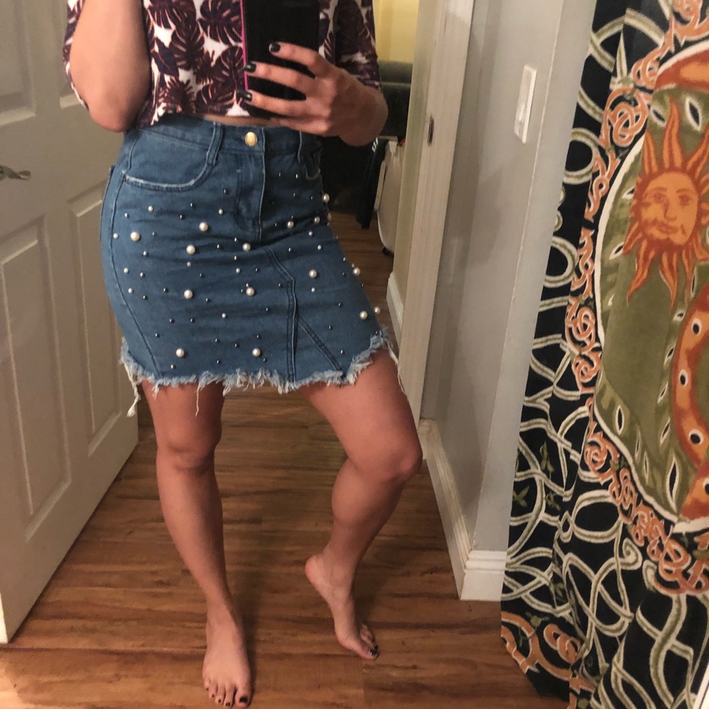 Beaded denim high waisted skirt